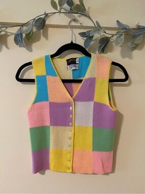 Vintage GENESIS Checkprint Multicolor Patchwork Sweater Vest